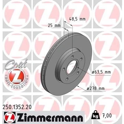 Imagem de ZIMMERMANN COAT Z 250.1352.20 Disco de travão 278 25 5/5 5 108 interior ventilado revestido alto carbono FORD: FOCUS 3, 2, 3 Turnier