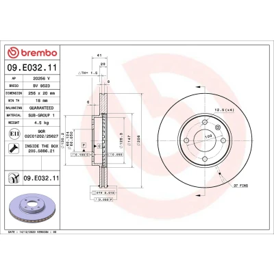 Imagem de BREMBO 09.E032.11 Disco de travão 256 20 4 interior ventilado revestido com parafusos OPEL: Karl