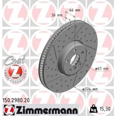 Imagem de ZIMMERMANN 150.2980.20 Disco de travão 374 36 6/5 5 112 interior ventilado, rebaixado, fendido revestido alto carbono