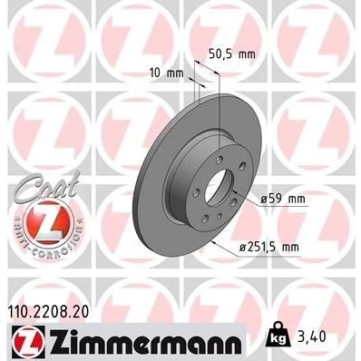 Imagem de ZIMMERMANN COAT Z 110.2208.20 Disco de travão 252 10 6/5 5 98 cheio revestido ALFA ROMEO: 147, 156 Sportwagon, Sedan, LANCIA: DELTA 1