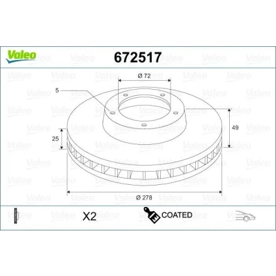 Imagem de VALEO 672517 Disco de travão Eixo dianteiro 278 25 5 ventilado revestido MAZDA: 3 Hatchback, 5, Sedan