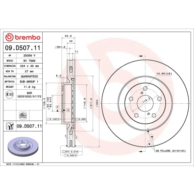 Imagem de BREMBO Disco de travão LEXUS: IS 2, 3, GS III 334mm 30mm 5 interior ventilado revestido 09.D507.11 4351230350,4351230351,4351630040,4351630041
