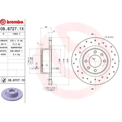 Imagem de BREMBO XTRA LINE 08.8727.1X Disco de travão 276 14 4 cheio, perfurado revestido CITROËN: C5 II Hatchback, III Carrinha, 3