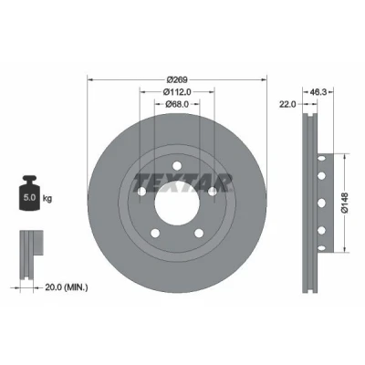 Imagem de TEXTAR 92098400 Disco de travão 269 22 05/05 112 ventilado fora sem pernos fixação da roda, cubo roda AUDI: A8 D3