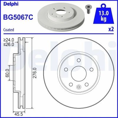 Imagem de DELPHI BG5067C Disco de travão 276 26 5 ventilado revestido não tratado sem o rolamento da roda, anel sensor do ABS OPEL: Astra K Sports Tourer