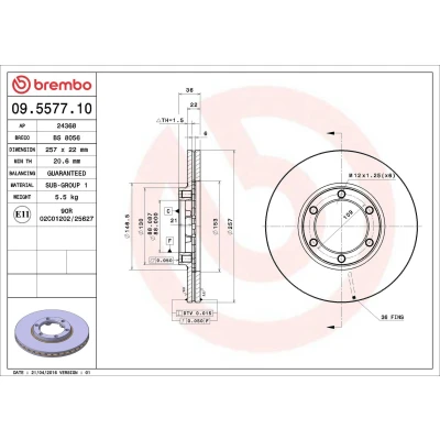 Imagem de BREMBO 09.5577.10 Disco de travão 257 22 6 interior ventilado OPEL: Frontera A SUV, Sport SUV Cabrio, Campo, ISUZU: Trooper I