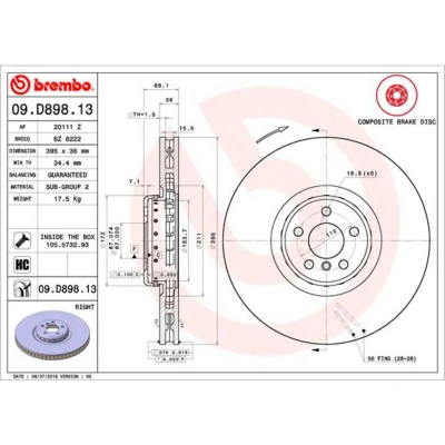 Imagem de BREMBO 09.D898.13 disco de travão 395 36 5 duas peças, interior ventilado revestido alto carbono com parafusos