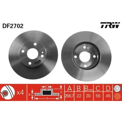 Imagem de TRW DF2702 Disco de travão 257 22 4 100 ventilado pintado MAZDA: MX 5 I, 2, FAMILIA