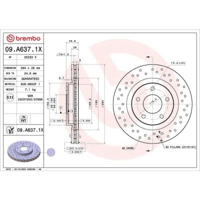 Imagem de BREMBO Disco de travão DODGE: Journey MPV, JEEP: Patriot 294mm 26mm 5 perfurado/ventilado revestido 09.A637.1X 2AMV5514AA,5105514AA,K05105514AA