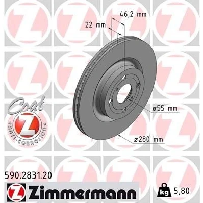 Imagem de ZIMMERMANN 590.2831.20 Disco de travão 280 22 6/4 4 100 interior ventilado revestido TOYOTA: Yaris III Hatchback