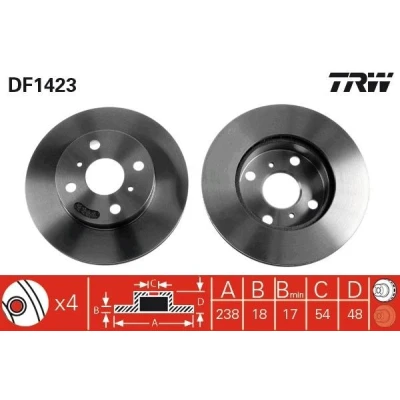 Imagem de TRW DF1423 Disco de travão 238 18 4 100 ventilado pintado TOYOTA: Corolla VI Sedan, VIII Liftback, VII Compact