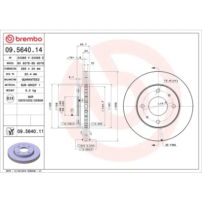 Imagem de Disco de travão, ventilado BREMBO 09.5640.14, Frente, 1 Peça