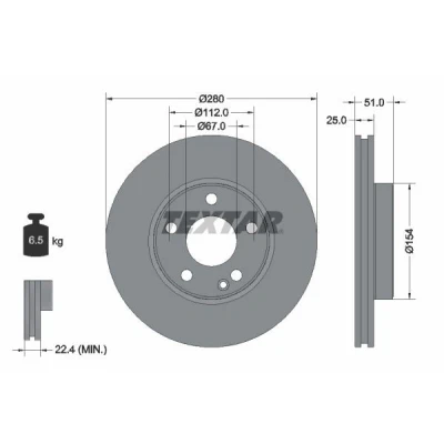 Imagem de TEXTAR PRO+ 92257005 Disco de travão 280 25 05/06 112 interior ventilado revestido alto carbono sem pernos fixação da roda, cubo roda