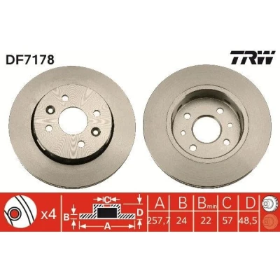 Imagem de TRW DF7178 Disco de travão 258 24 4 100 ventilado pintado KIA: Cerato Sedan, Shuma I Hatchback