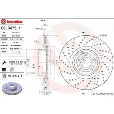 Imagem de BREMBO COATED DISC LINE 09.B475.11 Disco de travão 342 32 5 perfurado/ventilado revestido alto carbono com parafusos MERCEDES BENZ: SL Cabrio