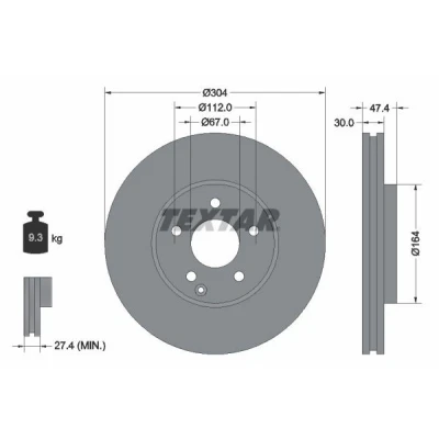 Imagem de TEXTAR PRO+ 92152105 Disco de travão 304 30 05/06 112 interior ventilado revestido alto carbono sem pernos fixação da roda, cubo roda