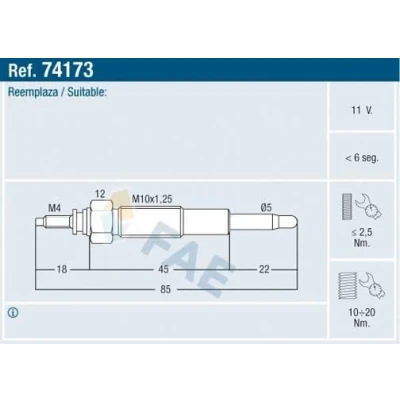 Imagem de FAE 74173 Vela incandescente 11V M 10x1.25 MAZDA: Série B Pick up, KIA: Sportage I, SUZUKI: Grand Vitara 1 SUV, I SUV