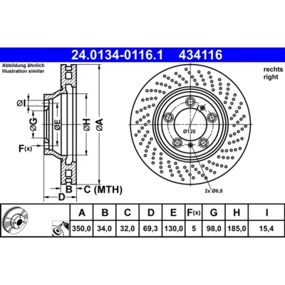 Imagem de ATE 24.0134 0116.1 Disco de travão 350,0 34,0 5 130,0 perfurado/ventilado revestido ligado/alto carbono PORSCHE: 911 Coupe