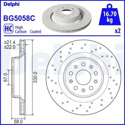 Imagem de DELPHI Disco de travão MASERATI: Levante SUV 330mm 22mm 5 ventilado, perfurado BG5058C Discos