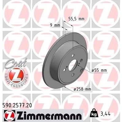 Imagem de ZIMMERMANN Disco de travão TOYOTA: Corolla IX Hatchback, Sedan, Station Wagon COAT Z 258mm 9mm 7/4 4furos 100mm cheio revestido