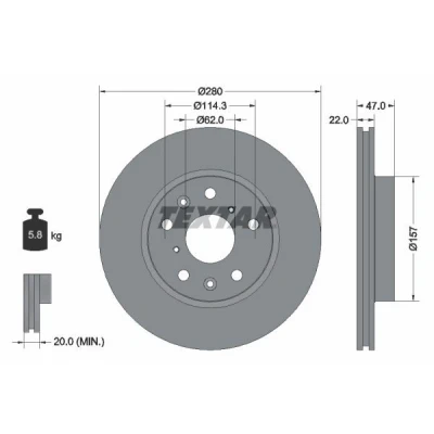 Imagem de TEXTAR 92156600 Disco de travão 280 22 05/09 114,3 interior ventilado sem pernos fixação da roda, cubo roda SUZUKI: SX4 I Hatchback