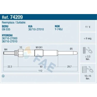 Imagem de FAE 74209 Vela incandescente 11V M 10x1 HYUNDAI: Getz, Santa Fe 2, I, KIA: cee‘d I Carrinha, Sportage II, Cerato Sedan