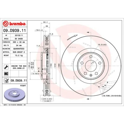 Imagem de BREMBO 09.D939.11 Disco de travão 360 36 5 interior ventilado, fendido revestido alto carbono com parafusos PORSCHE: Macan