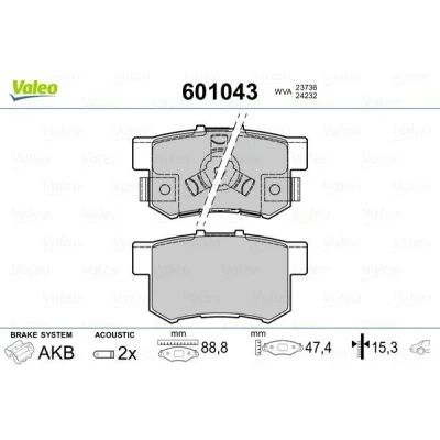 Imagem de VALEO 601043 Jogo de pastilhas para travão disco Eixo traseiro incl. contacto aviso desgaste com chapa anti ruído HONDA: CIVIC 8