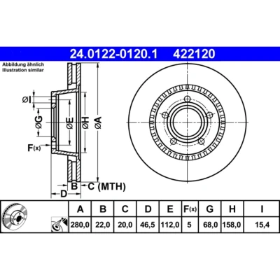 Imagem de ATE 24.0122 0120.1 Disco de travão 280,0 22,0 5 112,0 ventilado revestido ligado/alto carbono AUDI: 100 C3 Sedan