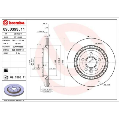 Imagem de BREMBO 09.D393.11 Disco de travão 302 22 5 interior ventilado revestido alto carbono VOLVO: V60 I, S60 II, V70 3