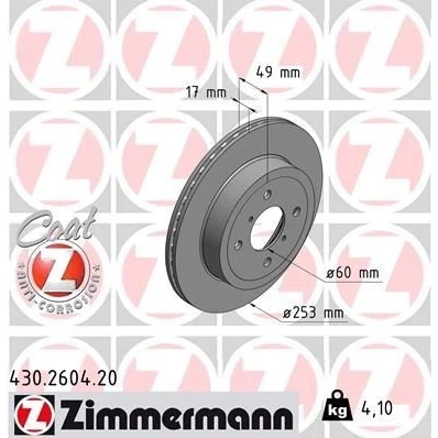 Imagem de ZIMMERMANN Disco de travão OPEL: Agila A COAT Z 253mm 17mm 6/4 4furos 100mm interior ventilado revestido 430.2604.20 93179462,4706749 Discos