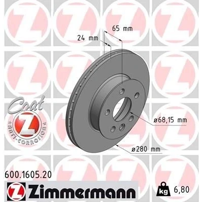 Imagem de ZIMMERMANN Disco de travão VOLKSWAGEN: Transporter 4 Bus, 4, COAT Z 280mm 24mm 6/5 5furos 112mm interior ventilado revestido