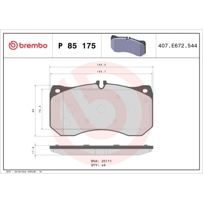 Imagem de BREMBO P 85 175 Jogo de pastilhas para travão disco preparado indicador aviso desgaste sem acessórios AUDI: A6 C7 Avant, Sedan