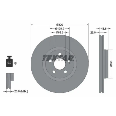 Imagem de TEXTAR 92326103 Disco de travão 320 25 05/05 108 interior ventilado revestido sem o rolamento da roda, pernos fixação cubo roda