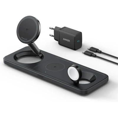 Imagem de Anker MagGo Magnetic Wireless Charger Estação de Carga Sem Fios Dobrável 3 em 1 15W Qi2 Preto