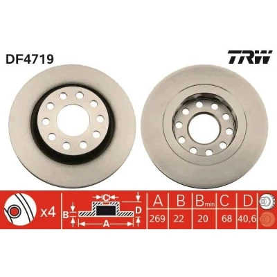 Imagem de TRW DF4719 Disco de travão 269 22 10 112 ventilado pintado AUDI: A6 C5 Avant, Sedan, Allroad