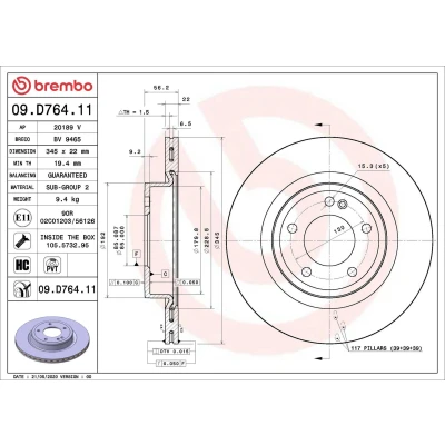 Imagem de BREMBO 09.D764.11 Disco de travão 345 22 5 interior ventilado revestido alto carbono com parafusos