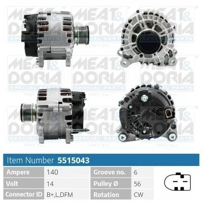 Imagem de MEAT &amp; DORIA 5515043 Alternador 14V 140A VOLKSWAGEN: Polo V Hatchback, Transporter 5, Golf AUDI: A4 B6 Avant, A3 Sportback, Hatchback