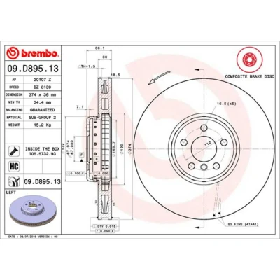 Imagem de BREMBO 09.D895.13 disco de travão 374 36 5 interior ventilado, duas peças revestido alto carbono com parafusos BMW: Sedan