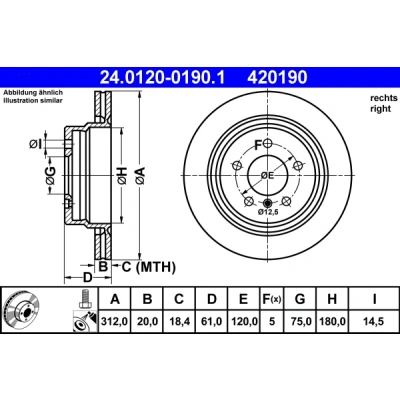 Imagem de ATE 24.0120 0190.1 Disco de travão 312,0 20,0 5 120,0 ventilado revestido alto carbono com parafusos BMW: 3 Sedan, Coupe, Z3 Coupe