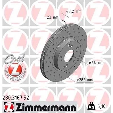 Imagem de ZIMMERMANN SPORT COAT Z 280.3167.52 Disco de travão 282 23 9/5 5 114 interior ventilado, perfurado revestido HONDA: CIVIC 7 Hatchback, CR V 2