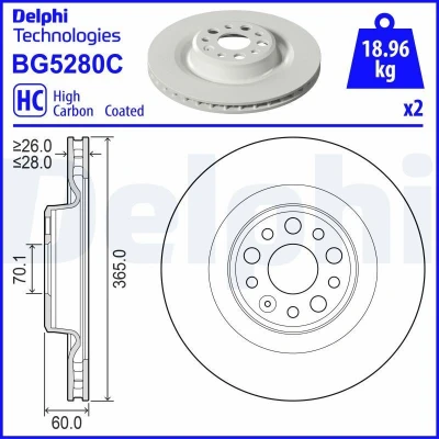 Imagem de DELPHI Disco de travão TESLA: Model S 365mm 28mm 5 ventilado BG5280C Discos