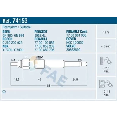 Imagem de FAE 74153 Vela incandescente 11V M10x100 RENAULT: CLIO 1, MEGANE ESPACE 3, LAND ROVER: Freelander I SUV, SUV Cabrio, VOLVO: S40