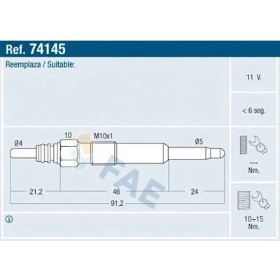 Imagem de FAE 74145 Vela incandescente 11V M 10x1 RENAULT: CLIO 2, LAGUNA 3, 2 Kasten, VOLKSWAGEN: GOLF 4, TRANSPORTER 4 Bus, AUDI: A3 Hatchback