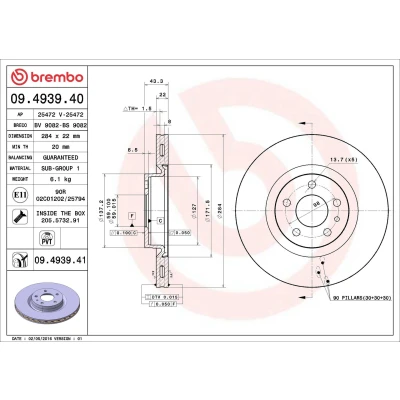 Imagem de BREMBO 09.4939.41 Disco de travão 284 22 5 interior ventilado revestido com parafusos FIAT: 500L