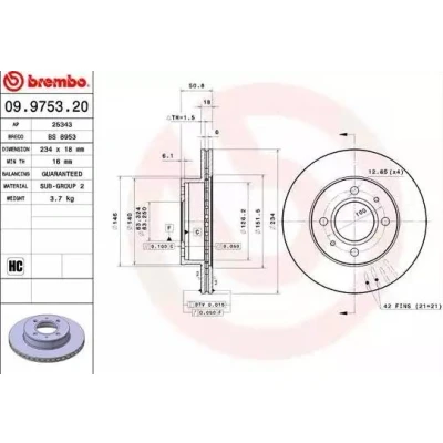 Imagem de BREMBO COATED DISC LINE 09.9753.21 Disco de travão 234 18 4 interior ventilado revestido alto carbono HYUNDAI: Atos