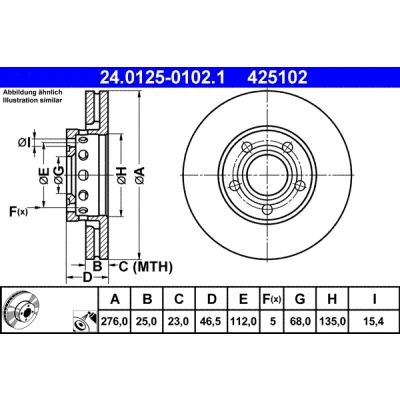 Imagem de ATE 24.0125 0102.1 Disco de travão 276,0 25,0 5 112,0 ventilado revestido ligado/alto carbono AUDI: 100 C3 Sedan
