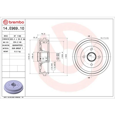 Imagem de BREMBO 14.E969.10 Tambor de Travão sem jogo rolamentos roda 203,4