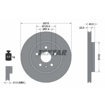 Imagem de TEXTAR 92315803 Disco de travão 315 23 05/06 120 interior ventilado revestido sem o rolamento da roda, pernos fixação cubo roda