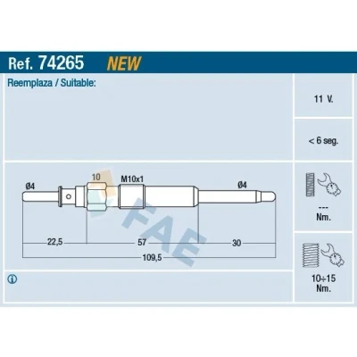 Imagem de FAE 74265 Vela incandescente 11V 10x1 OPEL: Astra H Caravan, Hatchback, GTC, FIAT: Grande Punto II Hatchback